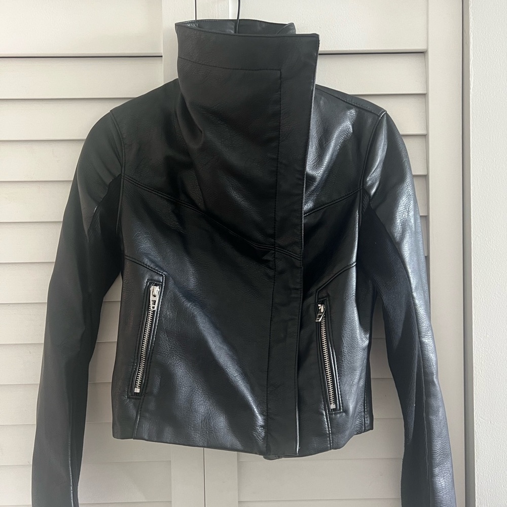 Blank NYC Women's Black Leather Jacket with High Collar